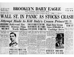 Front page of the Brooklyn Daily Eagle newspaper on Oct. 24, 1929 (also known as Black Thursday) reads - Wall St. in Panic as Stocks Crash.