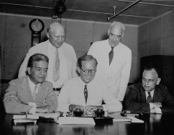 SEC Commission on July 2, 1934 (Right to left: Ferdinand Pecora, George C. Mathews, Robert E. Healy, Joseph P. Kennedy, and James M. Landis). 